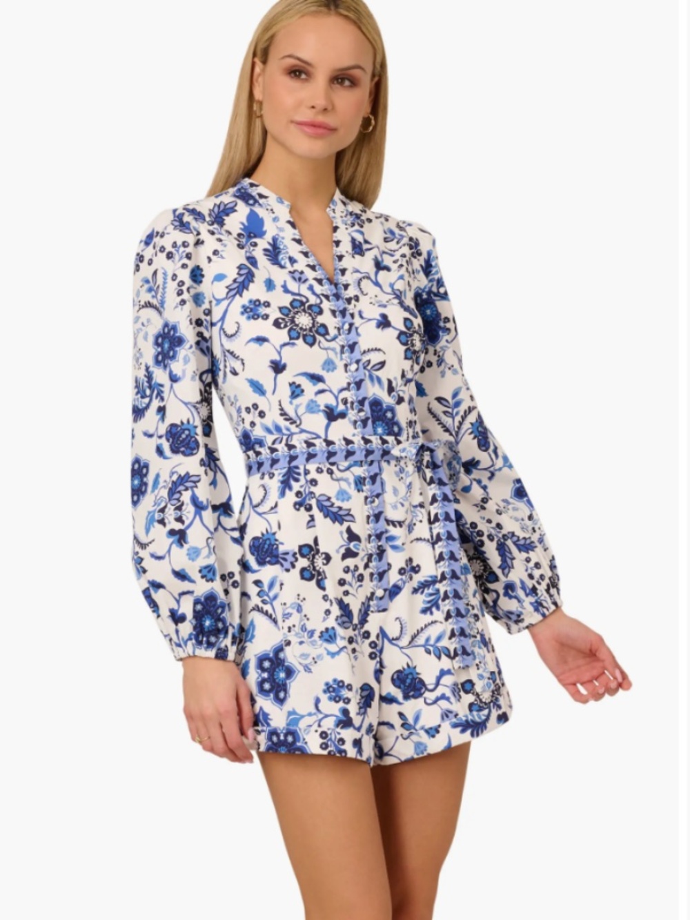 Adrianna Papell Print Tie Front Romper Women's Dress White/Blue 16, 100% Cotton
